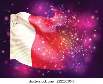 Malta, vector 3d flag on pink purple background with lighting and flares