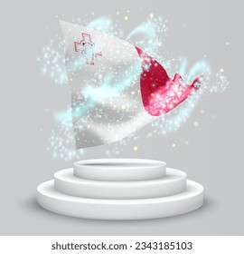 Malta, vector 3d flag on the podium surrounded by a whirlwind of magical radiance