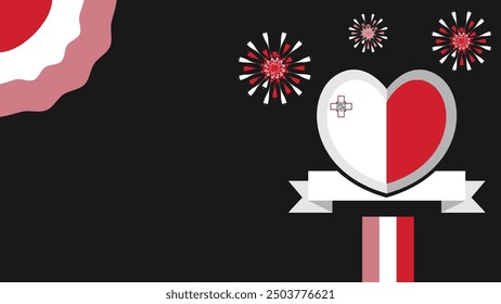Malta vector banner design illustration with flag colors, geometric shapes and typography. fireworks and ribbon elements.