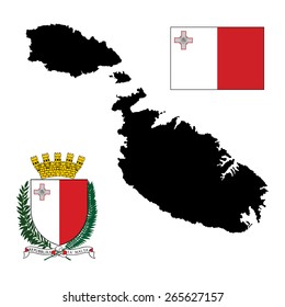 Malta vector map silhouette isolated on white background. Malta coat of arms, seal, national emblem, isolated on white, Vector Malta flag in official colors and Proportion Correctly.  Europe country.