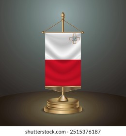 Bandera de mesa de Vertical de Malta con poste dorado sobre fondo degradado oscuro, Ilustración vectorial de Anuncio de Plantilla
