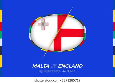 Malta vs England icon for European football tournament qualification, group C. Competition icon on the stylized background.