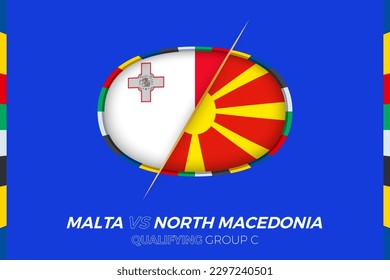 Malta vs North Macedonia icon for European football tournament qualification, group C. Competition icon on the stylized background.