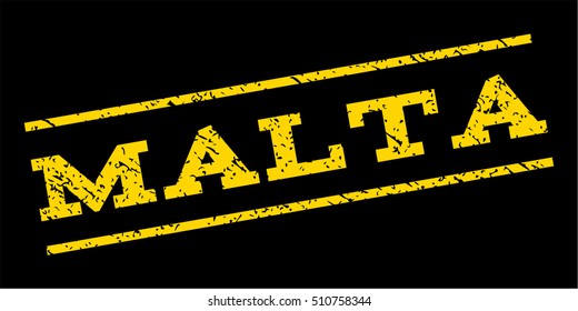 Malta watermark stamp. Text caption between parallel lines with grunge design style. Rubber seal stamp with scratched texture. Vector yellow color ink imprint on a blue background.