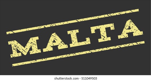 Malta watermark stamp. Text caption between parallel lines with grunge design style. Rubber seal stamp with dust texture. Vector khaki yellow color ink imprint on a gray background.