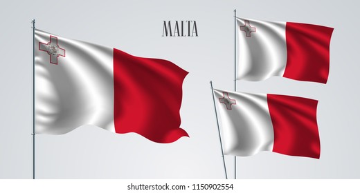 Malta waving flag set of vector illustration. White red colors  and cross of Malta wavy realistic flag as a patriotic symbol 