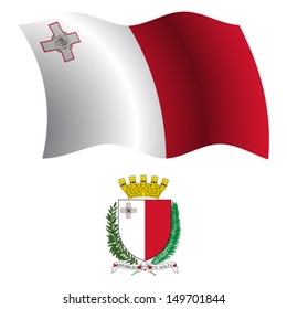 malta wavy flag and coat of arm against white background, vector art illustration, image contains transparency