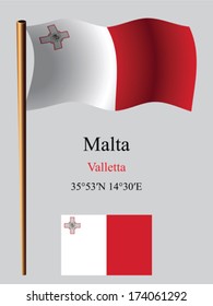 malta wavy flag and coordinates against gray background, vector art illustration, image contains transparency