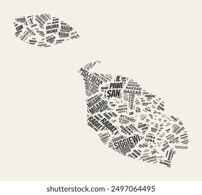 Nube de palabras de Malta. Country con la división de regiones. Malta texto tipográfico nubes diseño de Imagen de Vector. Imagen de forma de país estilo gaceta de Antiguas. Elegante Ilustración vectorial.