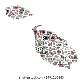 Nube de palabras de Malta. Forma Country con división por regiones. Imagen de estilo de tipografía de Malta. Nubes de etiquetas de nombres de región. Ilustración vectorial.