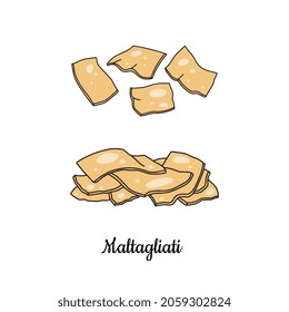 Maltagliati tipo pasta de trigo - ilustración vectorial aislada en fondo blanco. Platos italianos hechos a mano en un estilo de boceto de colores.