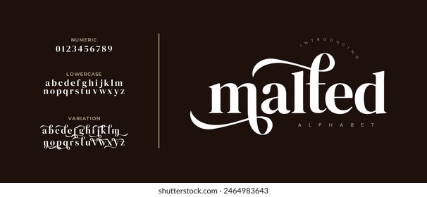 Malted elegant font alphabet uppercase lowercase and number. Classic lettering minimal fashion designs. Typography modern serif fonts regular decorative vintage concept. Vector illustration