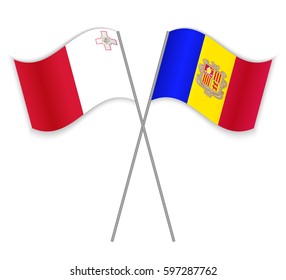 Maltese and Andorran crossed flags. Malta combined with Andorra isolated on white. Language learning, international business or travel concept.