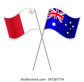 Maltese and Australian crossed flags. Malta combined with Australia isolated on white. Language learning, international business or travel concept.