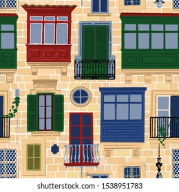 Maltese balconies and windows with various decorations and colors over the stone brick walls. Vector repeated seamless pattern