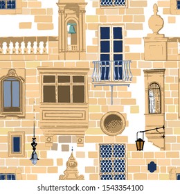 Maltese balconies and windows with various decorations and colors over the stone brick walls. Vector repeated seamless pattern