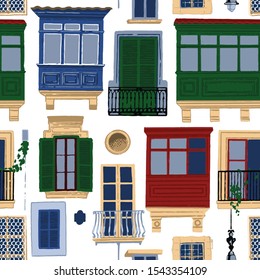 Maltese balconies and windows with various decorations and colors over the stone brick walls. Vector repeated seamless pattern