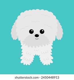 Icono de cachorro de perro blanco friso de bichón maltés. Caricatura linda divertida mascota bebé animal personaje. Icono de cara kawaii. Me encanta la tarjeta de felicitación. Estampado de pegatinas. Feliz día de San Valentín. Diseño plano. Fondo azul. Vector