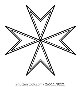 Cruz de Malta, símbolo de cruz heráldica de 8 pontas, consistindo em 4 formas de ponta para o exterior, semelhantes a pontas de seta, dispostas em ângulos retos em torno de um ponto central. Associado aos Cavaleiros de Malta.
