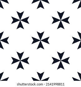 Maltese Cross, Black Icons On A White Background. Seamless Pattern. Vector Illustration.