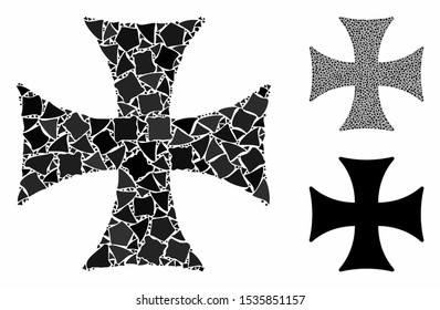 Maltese cross composition of joggly items in variable sizes and color tinges, based on Maltese cross icon. Vector ragged pieces are composed into collage.