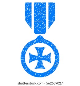 Maltese Cross grainy textured icon for overlay watermark stamps. Flat symbol with dust texture. Dotted vector blue ink rubber seal stamp with grunge design on a white background.