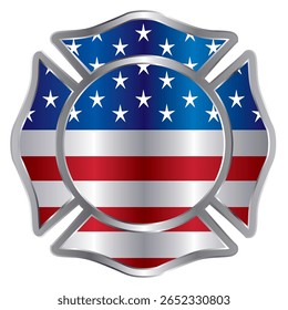 Ícone de cruz de Malta com a bandeira americana. Homenageando os bombeiros da América. Confirmando os socorristas 