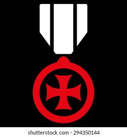 Maltese cross icon from Competition & Success Bicolor Icon Set. Vector style: flat bicolor symbols, red and white colors, rounded angles, black background.