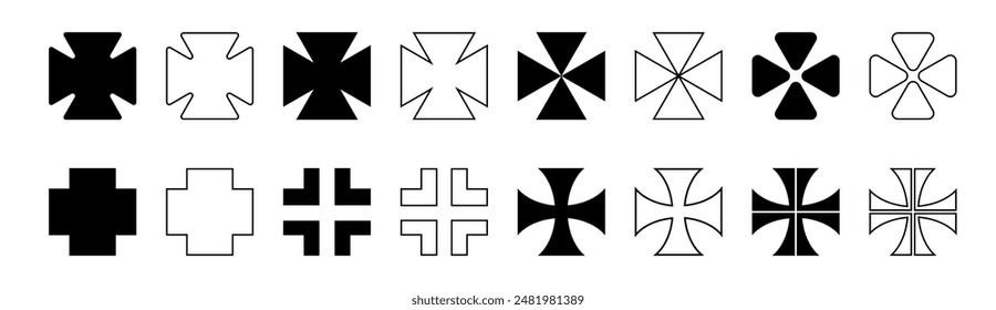 Maltese cross icon set, divided crosses, Christian cross symbol, outline shape