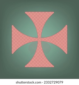 Maltese cross sign. Apricot Icon with Brick Red parquet floor graphic pattern on a Ebony background. Feldgrau. Green. Illustration.