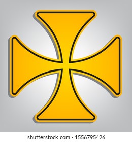 Maltese cross sign. Flat orange icon with overlapping linear black icon with gray shadow at whitish background. Illustration.