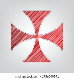 Maltese cross sign. Red gradient scribble Icon with artistic contour gray String on light gray Background. Illustration.