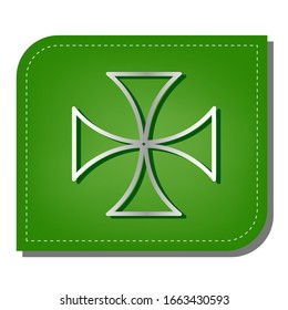 Maltese cross sign. Silver gradient line icon with dark green shadow at ecological patched green leaf. Illustration.