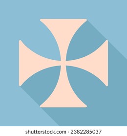 Maltese cross sign. Unbleached silk Icon with very long shadow at dark sky blue background. Illustration.