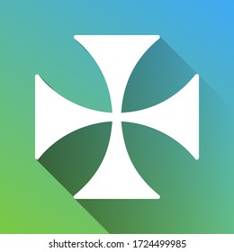 Maltese cross sign. White Icon with gray dropped limitless shadow on green to blue background. Illustration.
