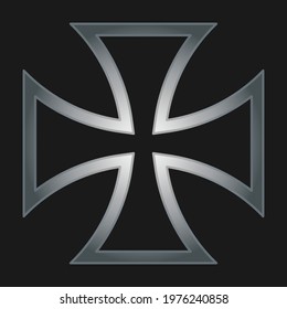 Maltese cross vector shape symbol. Christianity sign. Christian religion icon. Metal silver color. Catholic and protestant faith logo or image. Teutonic crusader label. Gothic crusade iron crucifix.