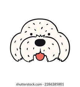 Maltese dog, puppy face cute funny cartoon character illustration. Hand drawn vector, isolated. Line art. Domestic animal logo. Design concept pet food, branding, business, vet, print, poster