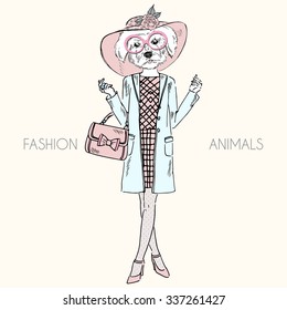 maltese doggy girl dressed up in glamour style, fashion animal illustration