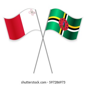 Maltese and Dominican crossed flags. Malta combined with Dominica isolated on white. Language learning, international business or travel concept.