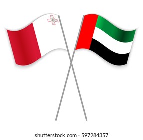 Maltese and Emirian crossed flags. Malta combined with United Arab Emirates isolated on white. Language learning, international business or travel concept.