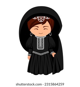 Maltese female cartoon character in traditional ethnic dress. Woman in Malta national costume. Isolated flat vector illustration.