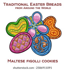 Maltese figolli are traditional almond-based cookies, often shaped like symbols of Easter, such as rabbits or hearts, and decorated with colorful icing.