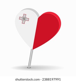 Maltese flag heart-shaped map pointer layout. Vector illustration.