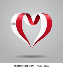 Maltese flag heart-shaped wavy ribbon. Vector illustration.