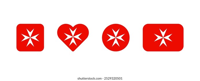 Icono de la bandera maltesa. Bandera de Malta signo de Vector. Anuncio nacional maltés. Emblema de Malta. Anuncio Valetta multicolor en cuatro Formas diferentes: cuadrado, corazón, círculo y rectángulo con cruz plateada.