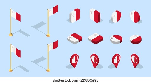 Maltese flag (Republic of Malta). 3D isometric flag set icon. Editable vector for banner, poster, presentation, infographic, website, apps, maps, and other uses.