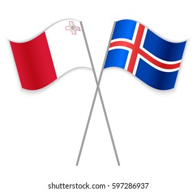 Maltese and Icelandic crossed flags. Malta combined with Iceland isolated on white. Language learning, international business or travel concept.
