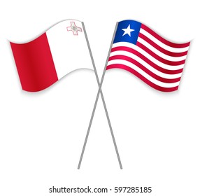 Maltese and Liberian crossed flags. Malta combined with Liberia isolated on white. Language learning, international business or travel concept.