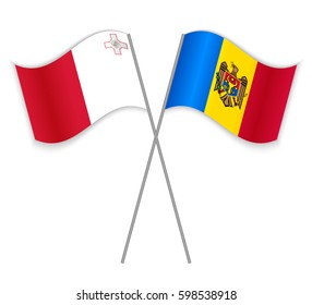Maltese and Moldovan crossed flags. Malta combined with Moldova isolated on white. Language learning, international business or travel concept.