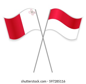 Maltese and Monegasque crossed flags. Malta combined with Monaco isolated on white. Language learning, international business or travel concept.